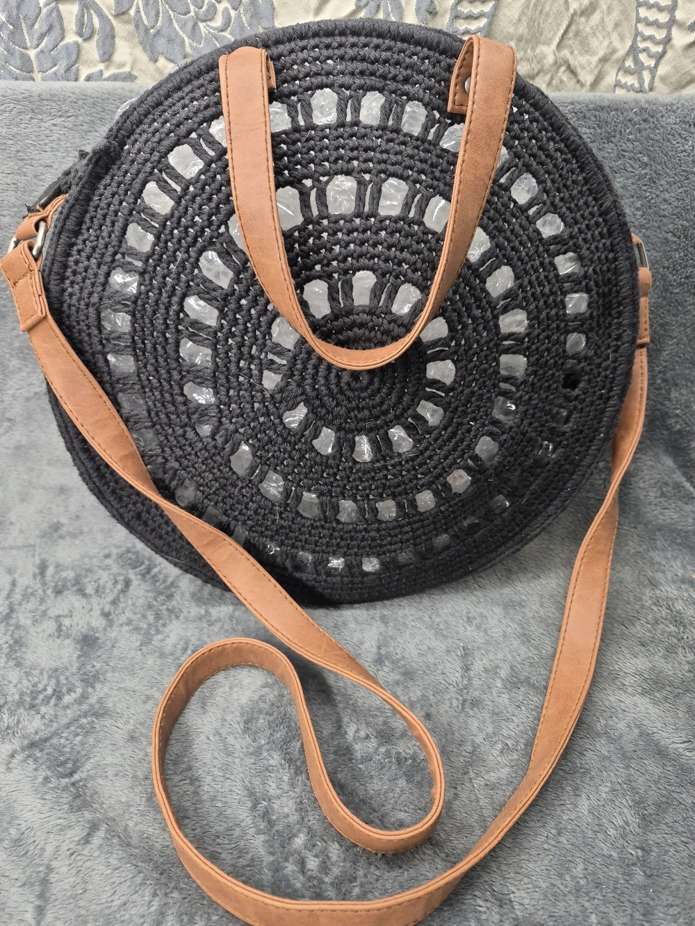 Falls Creek Cotton Crochet Circular Black With Brown Leather handle Bohemian